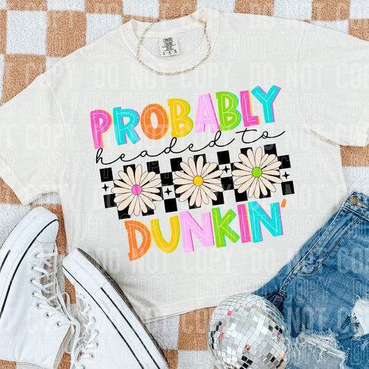 Probably headed to Dunkin' white graphic tee