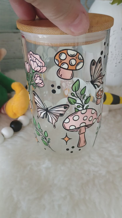 18 oz clear glass can with mushrooms 🍄 and butterflies