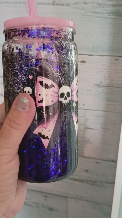 Spooky Pink Skull Bow Snow Globe Plastic Can – Glitter Tumbler with Straw