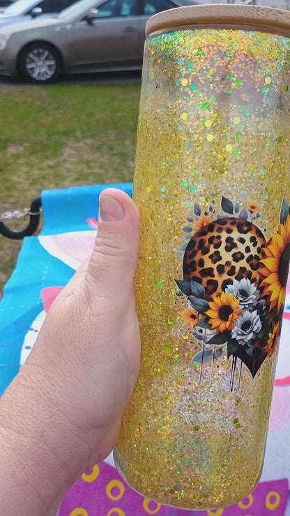 🌻 Glitter Sunflower Leopard Snowglobe Tumbler – 20oz