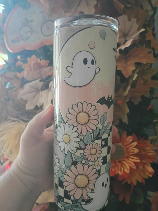 Retro Ghost 20 oz Stainless Steel Tumbler | Spooky Floral Drinkware