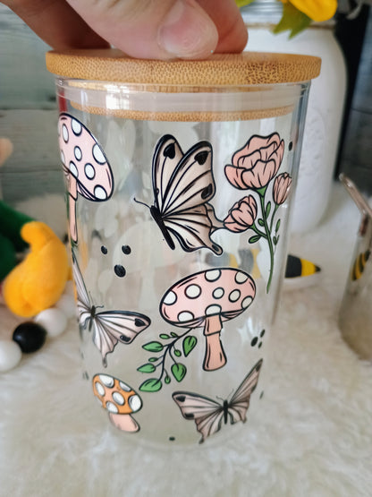 18 oz clear glass can with mushrooms 🍄 and butterflies