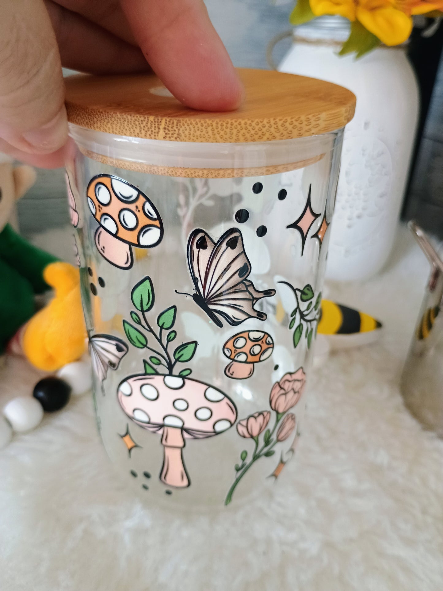 18 oz clear glass can with mushrooms 🍄 and butterflies