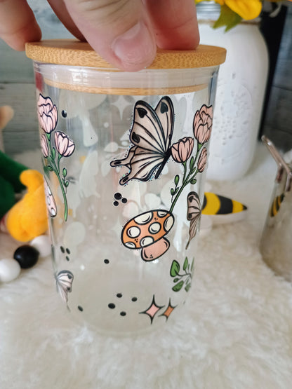 18 oz clear glass can with mushrooms 🍄 and butterflies