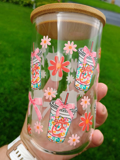 Chicken sandwiches and bows 💕 glass can with bamboo lid and straw